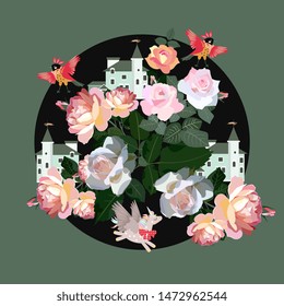 Magical country with beautiful castles and blooming roses, inhabited by fabulous royal birds and unicorns. Card, album cover, wrapping design, poster for baby.