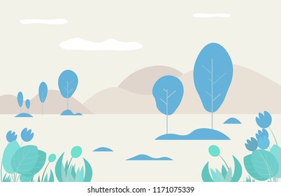 A magical country with blue trees. Soft color flat design.