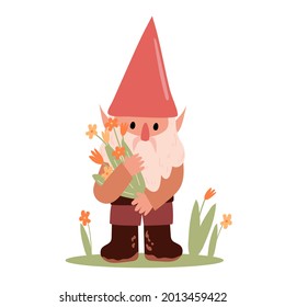 Magical creature. Garden gnome. Holding a bouquet of flowers. Flat vector illustration. Gnome for decoration, printing on postcards