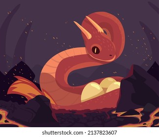 magical creature snake with eggs in the volcano