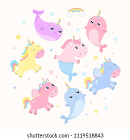 Magical creatures. Narwhal, unicorn mermaid, pegasus vector illustration