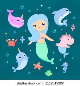Magical creatures. Narwhal, unicorn mermaid, pegasus vector illustration