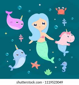 Magical creatures. Narwhal, unicorn mermaid,  vector illustration