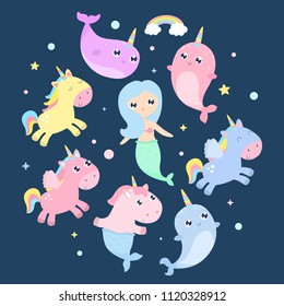 Magical creatures. Narwhal, unicorn mermaid, pegasus vector illustration