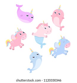 Magical creatures. Narwhal, unicorn mermaid, pegasus vector illustration