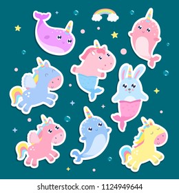 Magical creatures. Narwhal, unicorn mermaid, pegasus stickers vector illustration