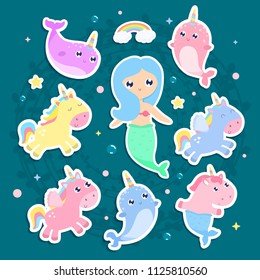 Magical creatures. Narwhal, unicorn mermaid, pegasus stickers vector illustration