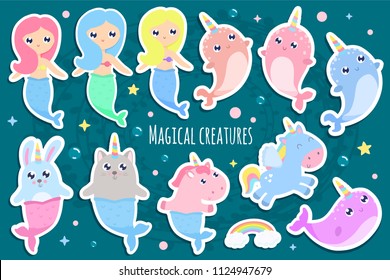 Magical creatures. Narwhal, unicorn mermaid,bunny mermaid, cat mermaid pegasus stickers vector illustration