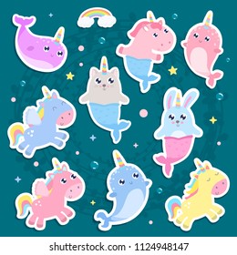 Magical creatures. Narwhal, unicorn mermaid,bunny mermaid, cat mermaid pegasus stickers vector illustration