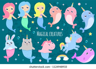 Magical creatures. Narwhal, unicorn mermaid,bunny mermaid, cat mermaid pegasus vector illustration
