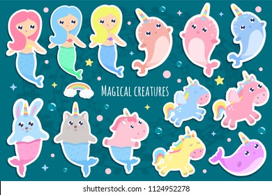 Magical creatures. Narwhal, unicorn mermaid,bunny mermaid, cat mermaid pegasus stickers vector illustration