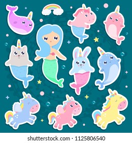 Magical creatures. Narwhal, unicorn mermaid,bunny mermaid, cat mermaid pegasus stickers vector illustration
