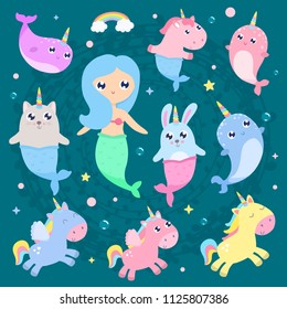 Magical creatures. Narwhal, unicorn mermaid,bunny mermaid, cat mermaid pegasus vector illustration