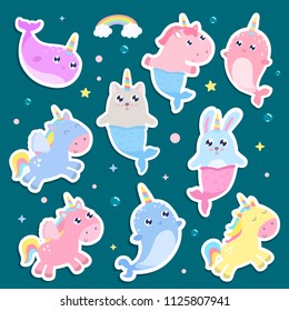 Magical creatures. Narwhal, unicorn mermaid,bunny mermaid, cat mermaid pegasus stickers vector illustration