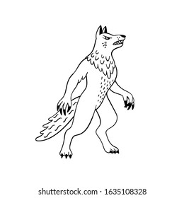 Magical creatures set. Mythological animal - werewolf. Doodle style black and white vector illustration isolated on white background. Tattoo design or coloring page, Line Art