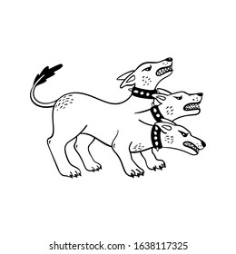 Magical creatures set. Mythological animal - cerberus. Doodle style black and white vector illustration isolated on white background. Tattoo design or coloring page, Line Art