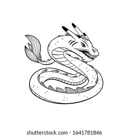 Magical creatures set. Mythological animal - basilisk. Doodle style black and white vector illustration isolated on white background. Tattoo design or coloring page, Line Art