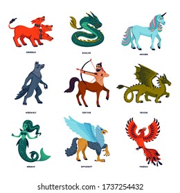 Magical creatures set. Mythological animals. Flat style vector illustration isolated on white background