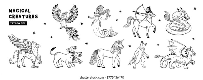 Magical creatures set. Mythological animals. Doodle style black and white vector illustration isolated on white background. 