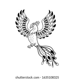 Magical creatures set. Mythological bird - phoenix. Doodle style black and white vector illustration isolated on white background. Tattoo design or coloring page, Line Art