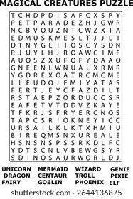 And Magical Creatures Word Search Puzzle Game Grid Letters Unicorn Mermaid Wizard Dragon Centaur Troll Fairy
