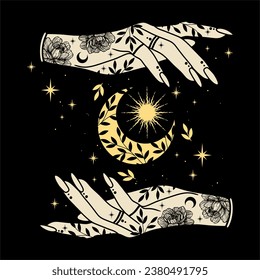 Magical crescent and boho woman hands. Alchemy esoteric magic space, vector isolated on black background.