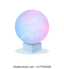 Magical crystal ball with blue-pink gradient. Glass sphere on gray stand. Ritual item. Flat vector design