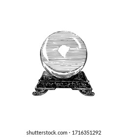 Esfera de cristal mágico, ilustración vectorial en estilo grabado. Pastiche vintage de símbolo místico. Dibujo de letrero esotérico y oculto.