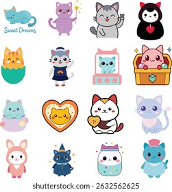 Magical and Cute Cartoon Cats: Spreading Joy, Sweet Dreams, Love, Surprise, and Fantasy in Colorful Style