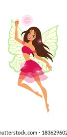 Magical cute fairy. Cartoon female character with green butterfly wings flying, fantasy creature with magic stars, myth of kids fairytale pixie, adorable pretty elf flat vector isolated illustration