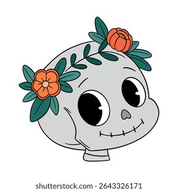 Magical cute Halloween skeleton skull cartoon idea mask. Happy and smiling funny skull. Line art element collection 
