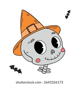 Magical cute Halloween skeleton skull cartoon idea mask. Happy and smiling funny skull. Line art element collection 