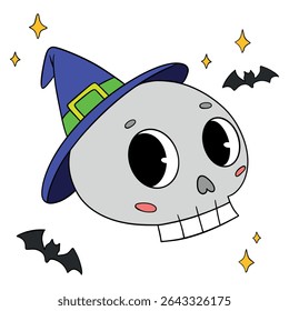 Magical cute Halloween skeleton skull cartoon idea mask. Happy and smiling funny skull. Line art element collection 