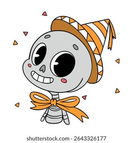 Magical cute Halloween skeleton skull cartoon idea mask. Happy and smiling funny skull. Line art element collection 