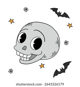 Magical cute Halloween skeleton skull cartoon idea mask. Happy and smiling funny skull. Line art element collection 