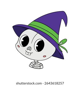 Magical cute Halloween skeleton skull cartoon idea mask. Happy and smiling funny skull. Line art element collection 