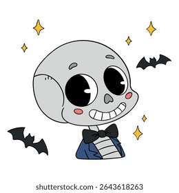 Magical cute Halloween skeleton skull cartoon idea mask. Happy and smiling funny skull. Line art element collection 