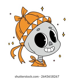 Magical cute Halloween skeleton skull cartoon idea mask. Happy and smiling funny skull. Line art element collection 