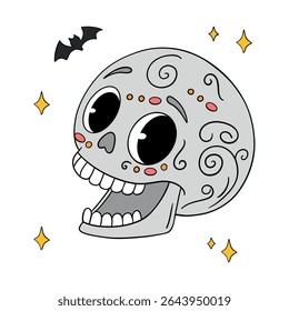 Magical cute Halloween skeleton skull cartoon idea mask. Happy and smiling funny skull. Line art element collection 