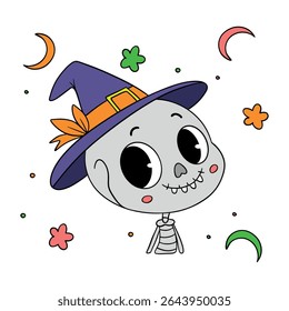 Magical cute Halloween skeleton skull cartoon idea mask. Happy and smiling funny skull. Line art element collection 