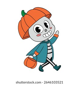 Magical cute Halloween skeleton skull walking with pumpkin hat. Happy and smiling funny skull. Line art element collection 