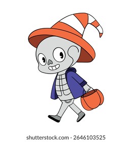 Magical cute Halloween skeleton skull walking with magical hat. Happy and smiling funny skull. Line art element collection 