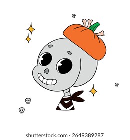 Magical cute Halloween skeleton skull cartoon idea mask. Happy and smiling funny skull. Line art element collection 