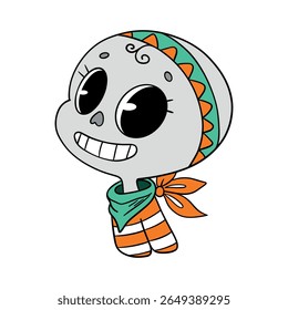 Magical cute Halloween skeleton skull cartoon idea mask. Happy and smiling funny skull. Line art element collection 