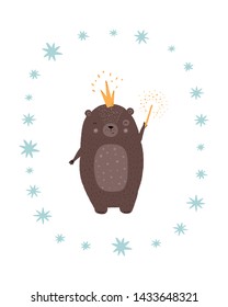 Magical Cute hand drawn nursery poster with funny character wizard bear in Scandinavian style.