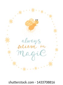 Magical Cute hand drawn nursery poster with animal character Glowworm (firefly) and lettering. In scandinavian style