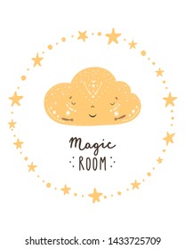 Magical Cute hand drawn nursery poster with cloud character and lettering. In Scandinavian style.