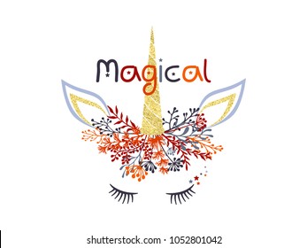 Magical cute unicorn illustration - card and shirt print design. Funny unicorn trendy meme creative poster. Red grey and gold colorful vector design, magical text lettering.