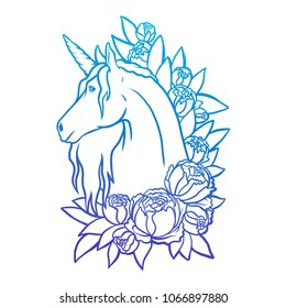 Magical cute unicorn illustration, cartoon fantasy animal. Coloring card and shirt art for girl isolated on white. Dream symbol. Design for children