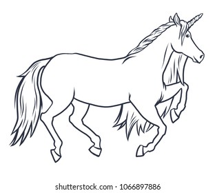 Magical cute unicorn illustration, cartoon fantasy animal. Coloring card and shirt art for girl isolated on white. Dream symbol. Design for children